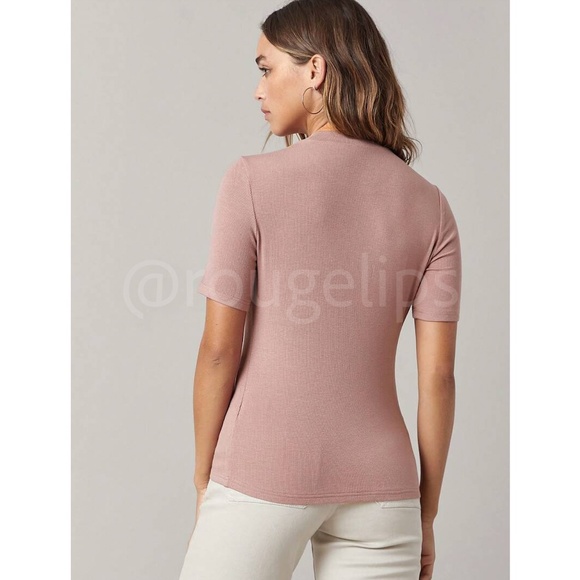 Dusty Pink Rib-Knit High Neck Short Sleeve Slim Fit Top Shirt - Picture 3 of 8